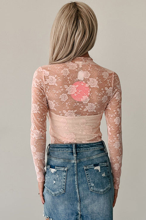 Sheer Floral Lace Mesh Mock Neck Elegant Long Sleeve Fitted Top
